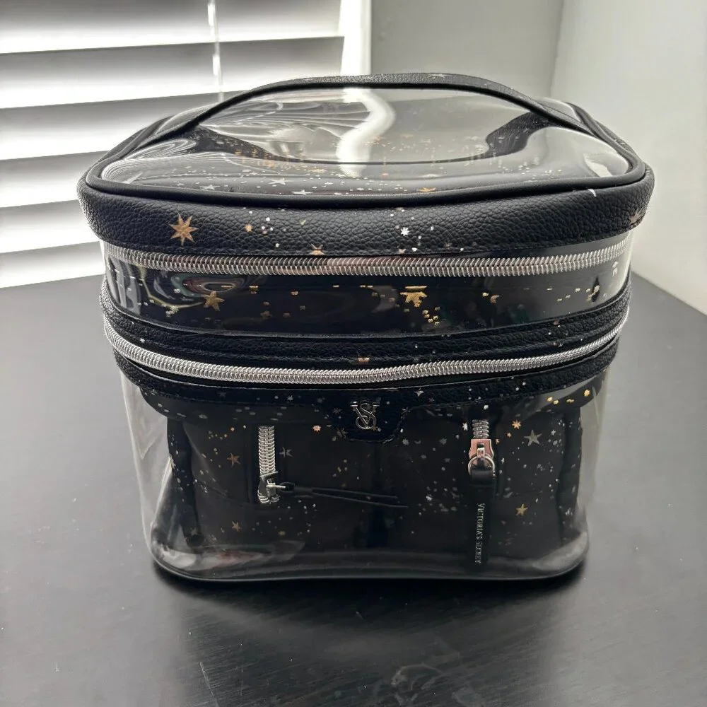 Victoria's Secret Black Clear Cosmetic Train Case with Gold Star Print - Picture 1 of 9